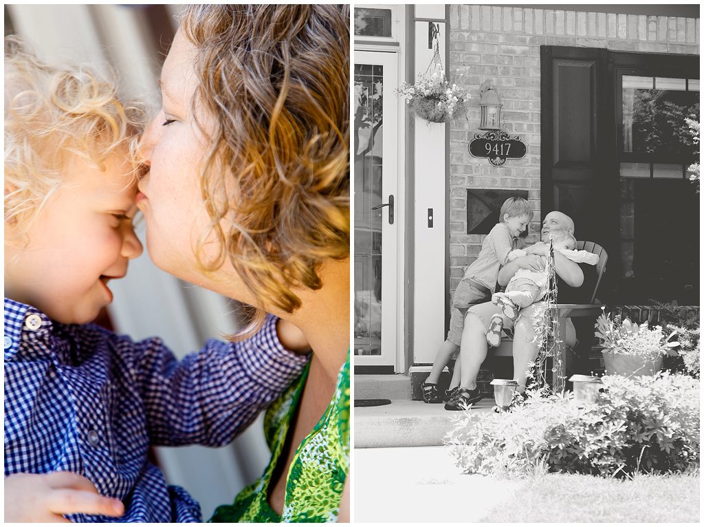 Mom kisses little boy's forehead and boys attack dad with hugs by Ristaino Photography of Sarasota FL