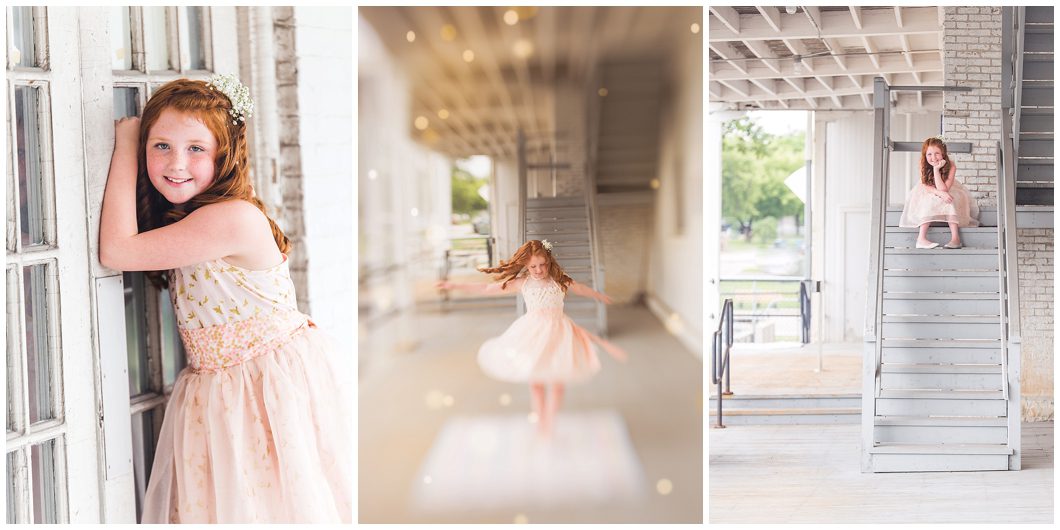 Young girl with red hair and freckles spins under twinkling lights during session by Ristaino Photography of Sarasota FL