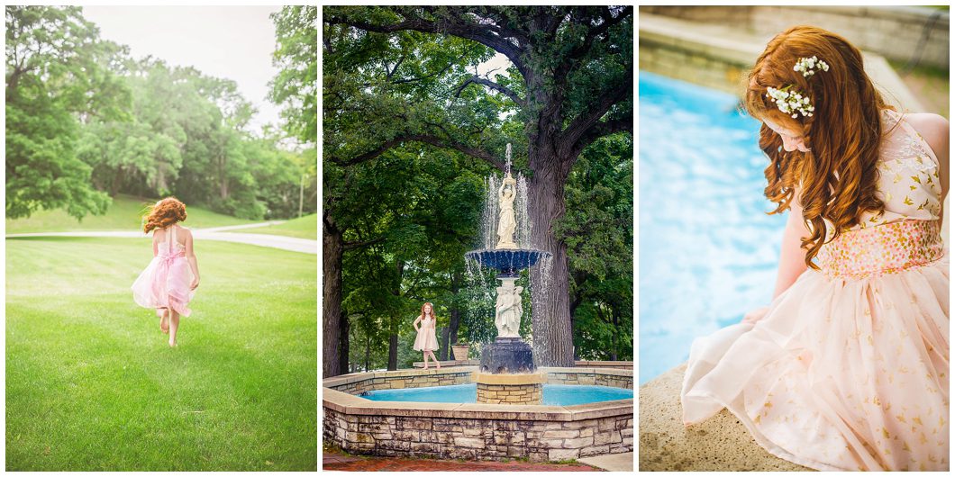 Young girl stands by the fountain at the Milwaukee VA during her Beauty Revived session by Ristaino Photography of Sarasota FL