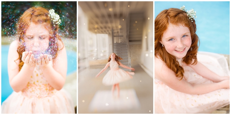 Young girl with red hair and freckles spins under twinkling lights during session by Ristaino Photography of Sarasota FL