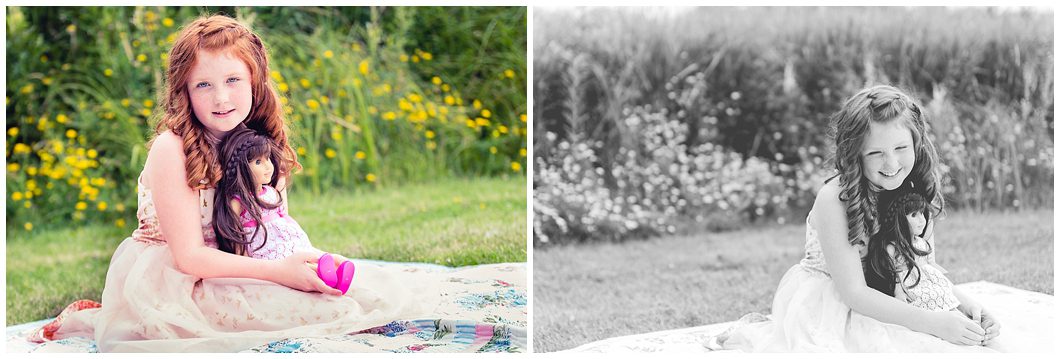 Young girl with red hair and freckles with her American Girl doll having a picnic during Beauty Revived session by Ristaino Photography of Sarasota FL