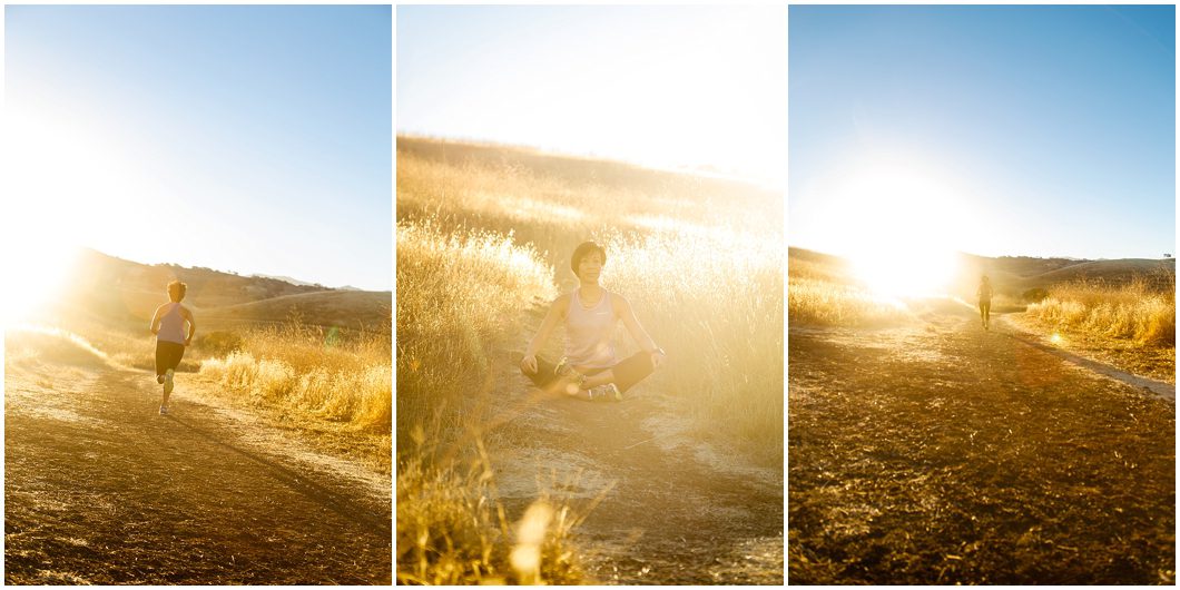 Woman runs in the golden california hills at sunrise in this photo taken by Ristaino Photography of Sarasota Florida