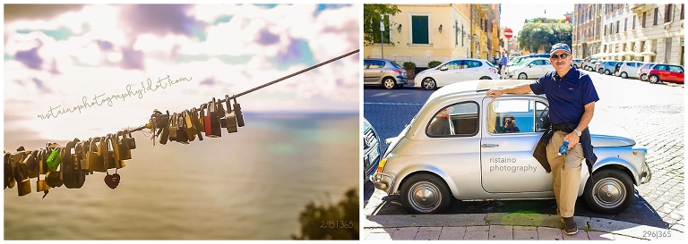man stands next to a tiny car in Rome. Taken by Ristaino Photography of Sarasota FL