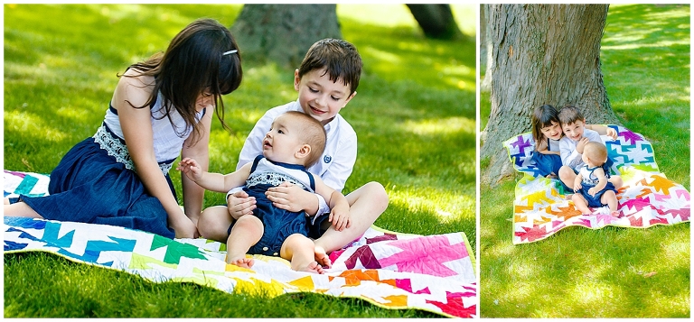 Girl and boy hold baby sister on colorful quilt during Beauty Revived Session by Ristaino Photography of Sarasota FL