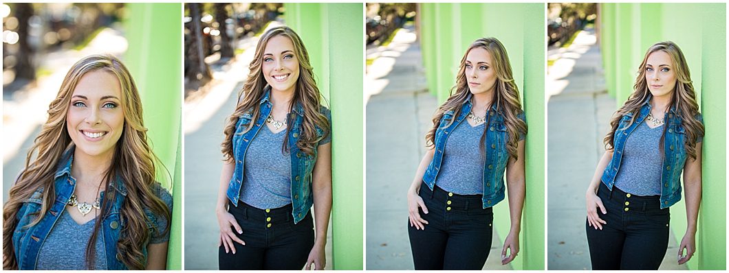 sarasota headshots of woman in burns court next to a green wall