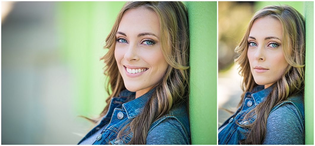 sarasota portrait of woman with long hair next to green wall in burns court 