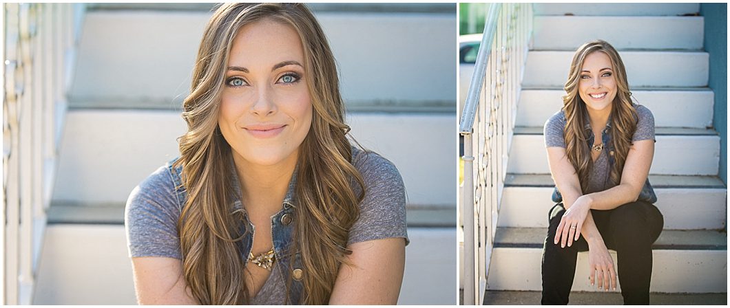 sarasota portrait of woman with long hair in burns court sitting on stairs