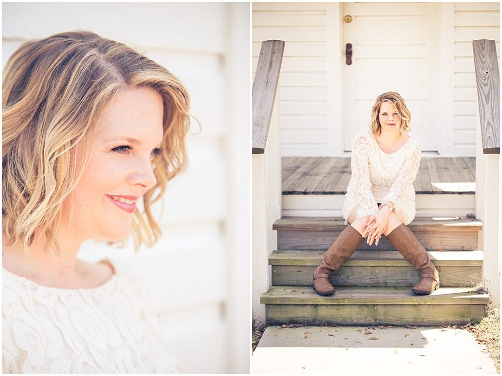 Woman in lace dress and boots sitting on wooden steps of old farm house in this image of Sarasota Portrait Photography by Ristaino Photography