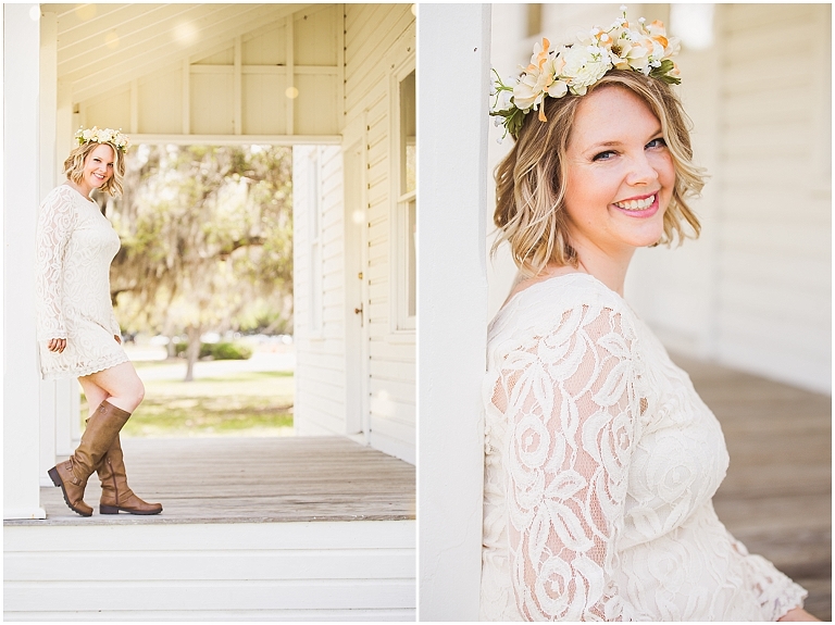 Young woman in lace dress and riding boots with a flower crown on an old farmhouse porch in this image of Sarasota Portrait Photography by Ristaino Photography