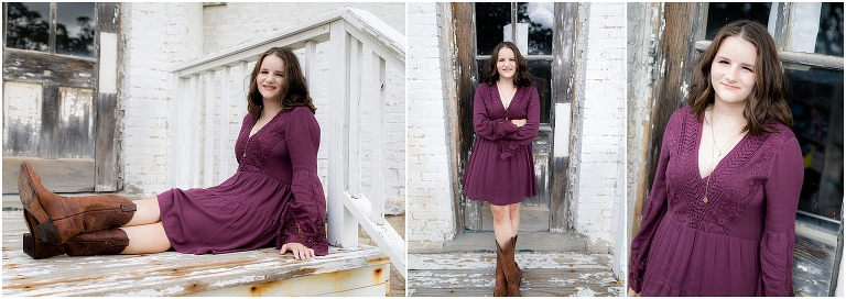 Teen girl in purple dress and cowboy boots in front of distressed doorway