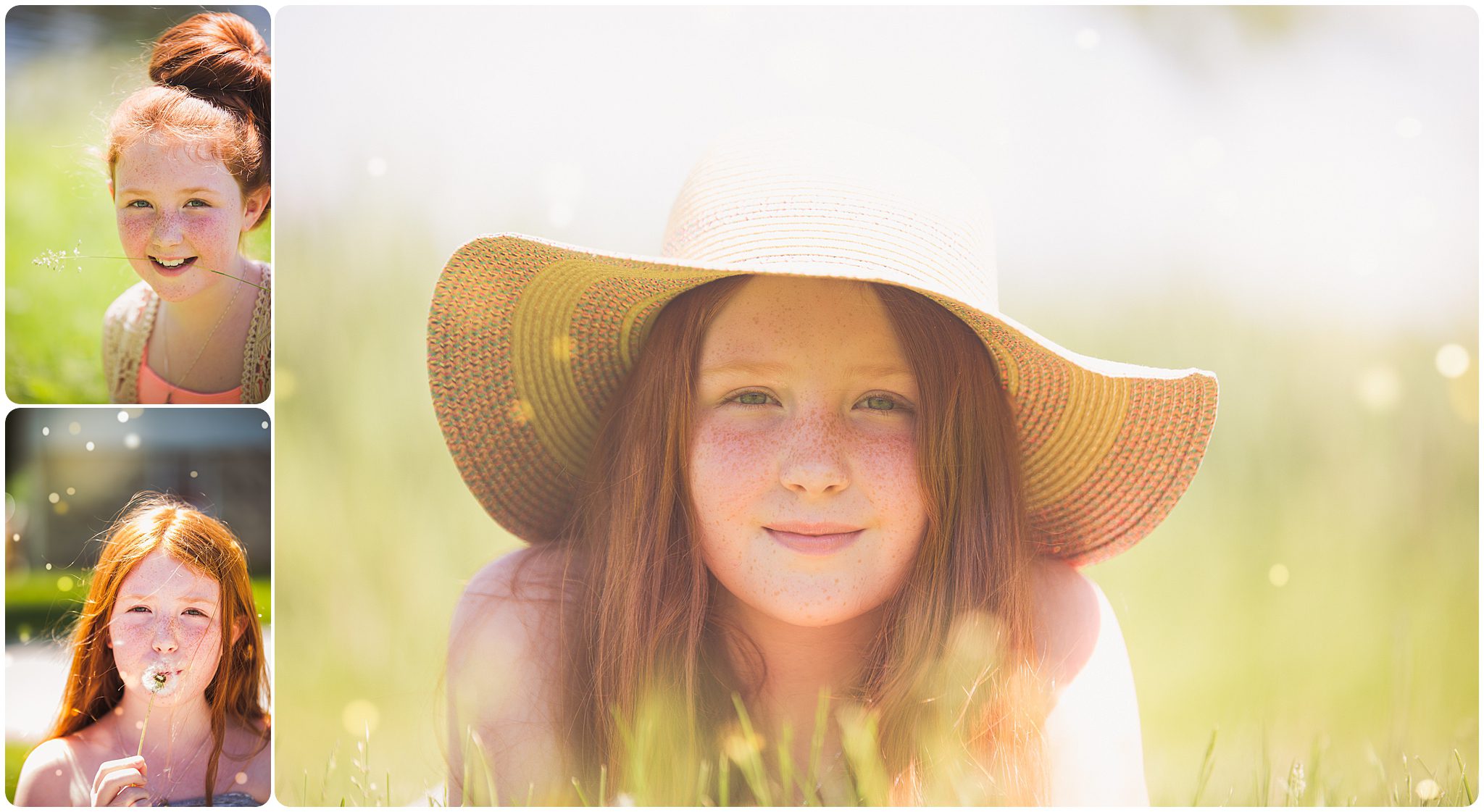 Little girl with red hair making a wish on a dandelion