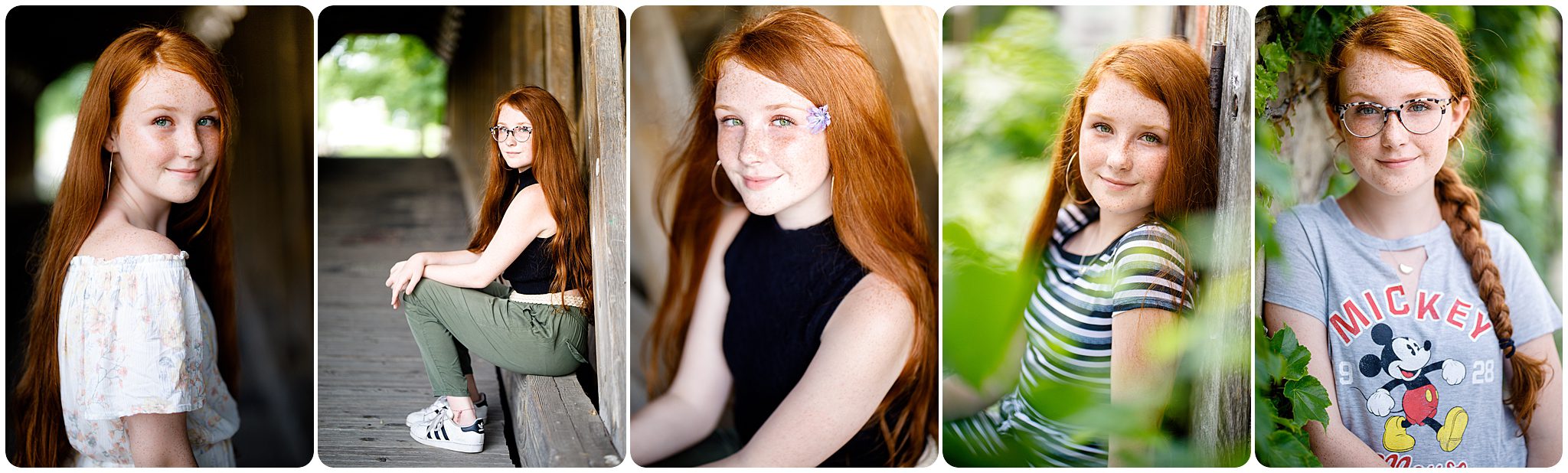 Teen girl with red hair and freckles wearing mickey mouse shirt and glasses