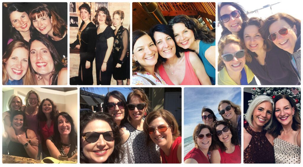 Photo collage of women friends over the years, celebrating lasting friendship through moments of joy, travel, laughter, and togetherness, featured in a Sarasota friendship photography blog.

