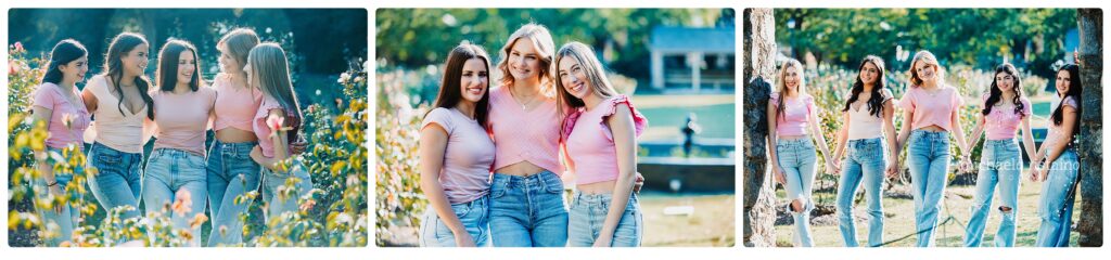 Teen girls in matching pink tops and jeans enjoying a friendship photography session in a Sarasota rose garden, smiling, holding hands, and laughing together
