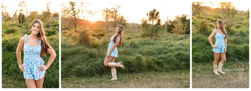 Sweet 16 teen girl in blue flowered romper posing for photos with her friends during golden hour at Celery Field in Sarasota for a Sweet 16 friend photoshoot. 
