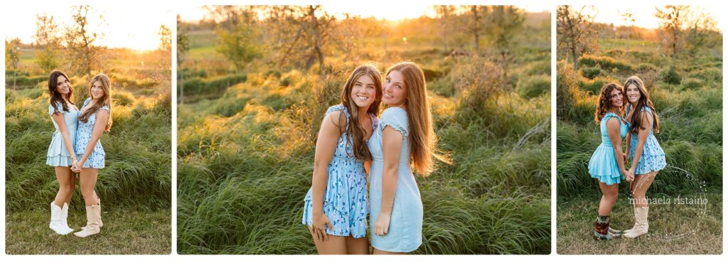 Teen girls posing in golden hour light in Sarasota's Celery Field wearing blue rompers and cowboy boots celebrating sweet 16 and friendship. 
