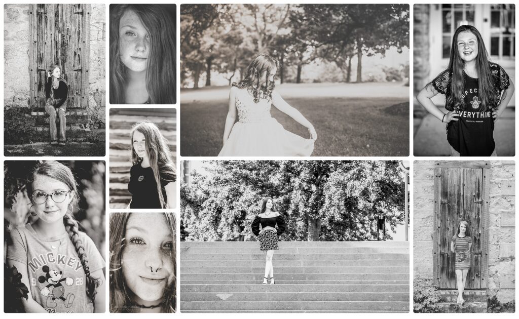 Black-and-white collage showing Lola’s growth from age 9 to 19 — a visual decade of trust, strength, and soul captured through portrait photography.