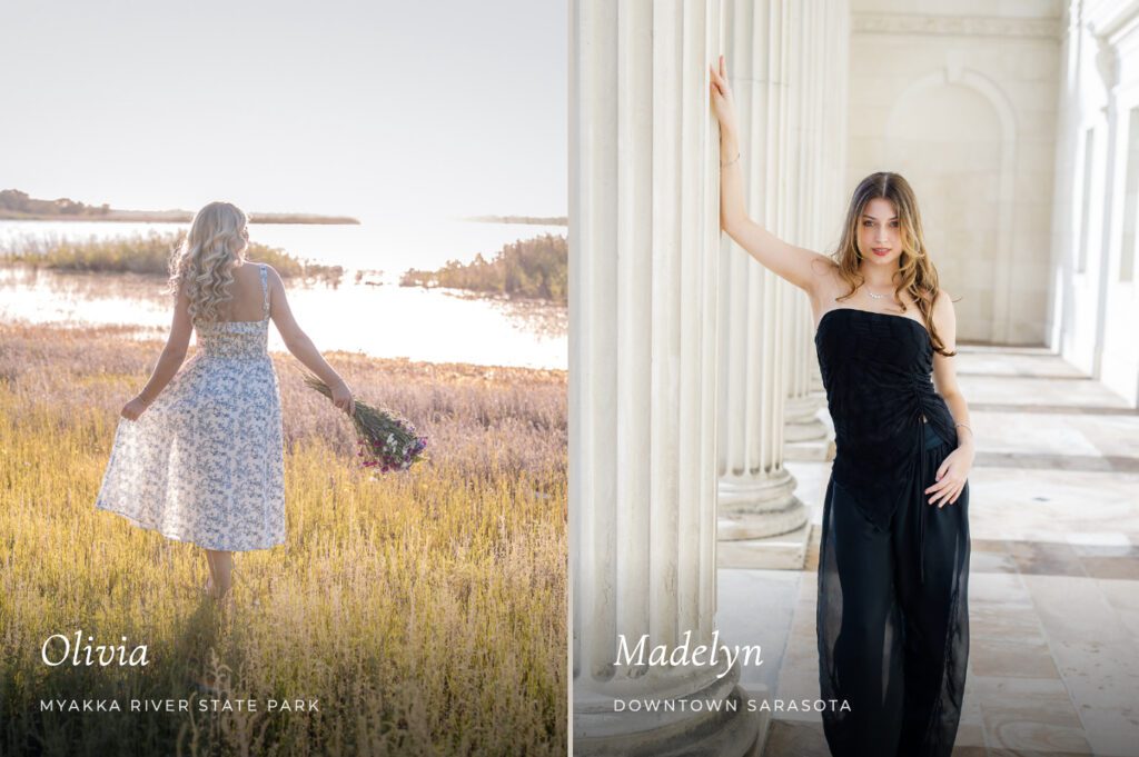 Two Sarasota senior portrait sessions side by side -- Olivia at Myakka River State Park and Madelyn at the Federal Courthouse downtown Sarasota