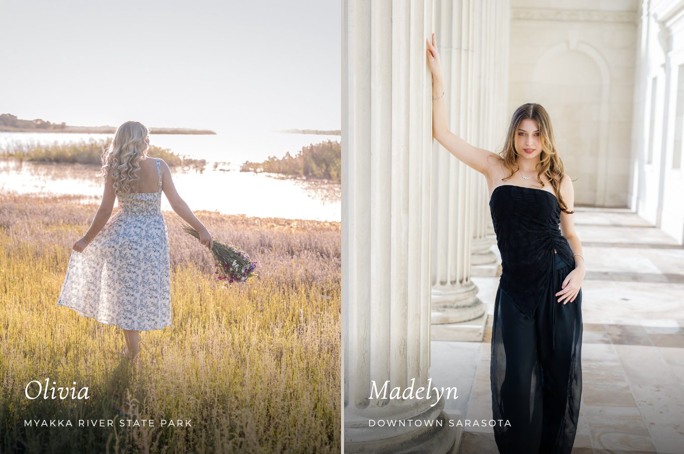 Two Sarasota senior portrait sessions side by side -- Olivia at Myakka River State Park and Madelyn at the Federal Courthouse downtown Sarasota