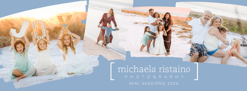 Michaela Ristaino Photography Mini Sessions 2026 banner featuring family beach photos